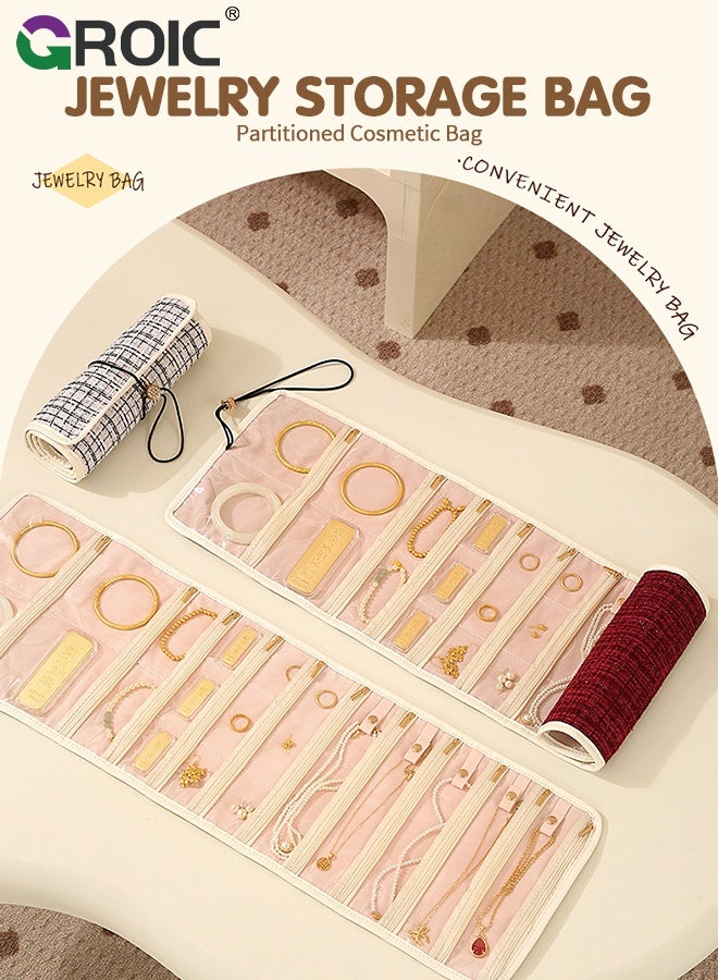 GROIC Jewelry Roll Bag, Travel Foldable Jewelry Roll Storage Case, Zippered Pockets for Traveling, Closet, Suitcase, Compact Storage Pouch for Rings, Earrings, Necklaces and Bracelets, Jewelry Pouch - Image 2